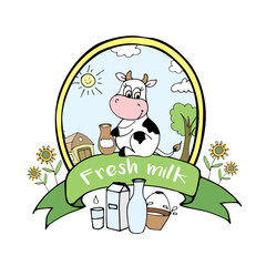 Positive, happy cow with milk, funny cartoon banner or logo.