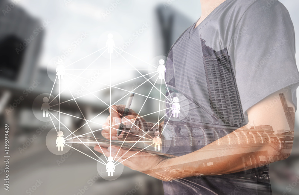 Aufkleber double exposure of success businessman using digital tablet with social media network diagram,intern