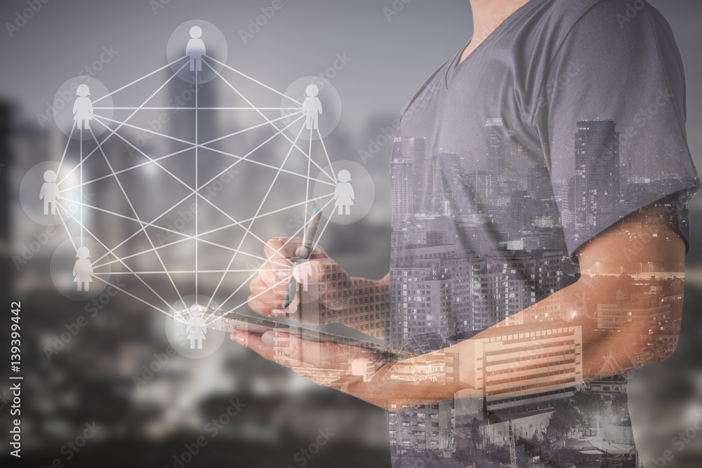 Aufkleber double exposure of success businessman using digital tablet with social media network diagram,intern