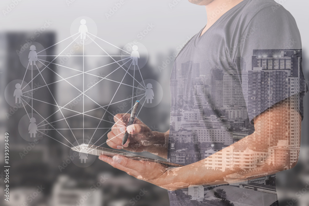 Aufkleber double exposure of success businessman using digital tablet with social media network diagram,intern