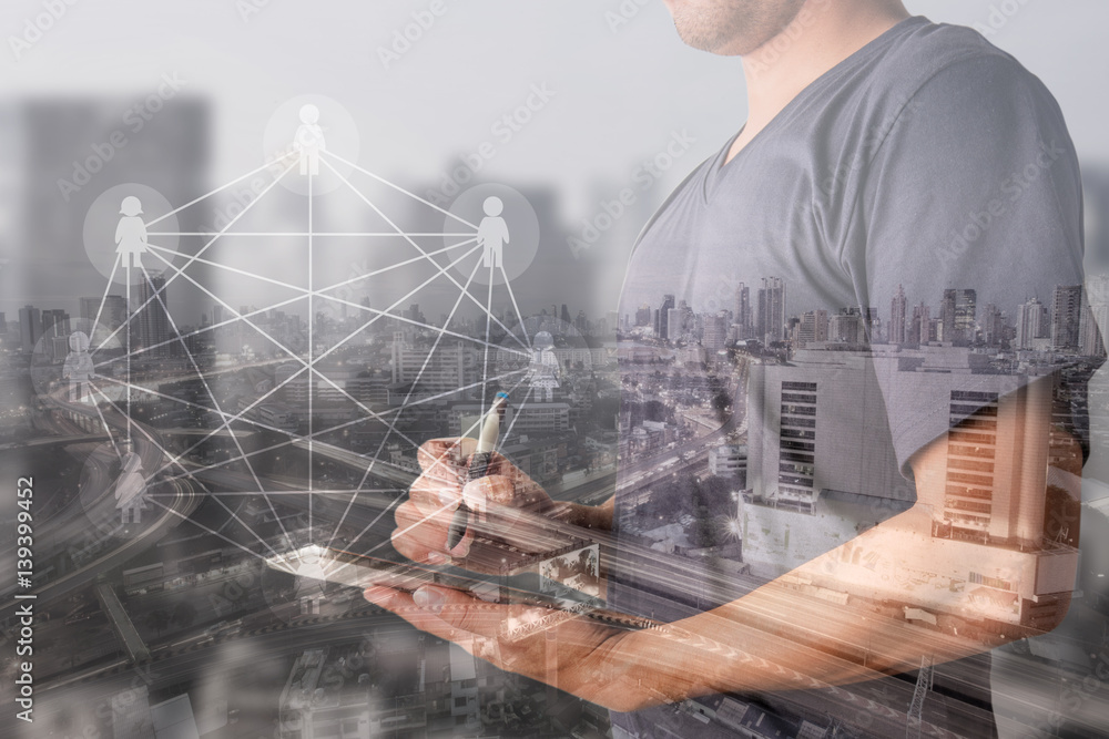 Aufkleber double exposure of success businessman using digital tablet with social media network diagram,intern