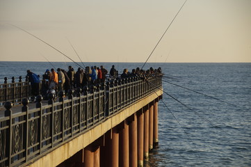 Fishermans with fishing rods catching fish on the pier. Black Sea, Russia, Sochi.
