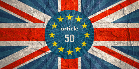 United Kingdom exit from Europe relative image. Brexit named politic process. Round flags. Article 50 text. Grunge texture