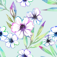 Fototapeta na wymiar Floral seamless pattern with cute summer flowers watercolor. Sweet summer background in hand drawn style on blue. For textile, paper, wrapping and decoration 