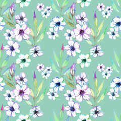  Floral seamless pattern with cute summer flowers watercolor. Sweet summer background in hand drawn style on green. For textile, paper, wrapping and decoration 