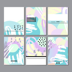 Collection of trendy creative cards with hand drawn textures. Design for poster, card, invitation, placard, brochure. Vector.