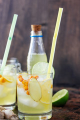 Cold lemonade with ginger, lime and sea buckthorn