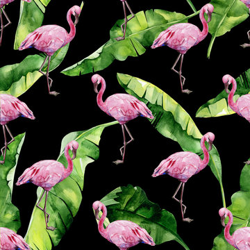 Tropical leaves, dense jungle. Banana palm leaves Seamless watercolor illustration of tropical pink flamingo birds. Trendy pattern with tropic summertime motif. Exotic Hawaii art background. 