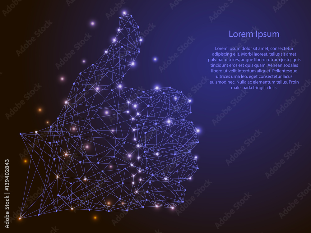 Poster abstract vector image hand raised thumb up of polygonal lines and glowing stars on a dark background