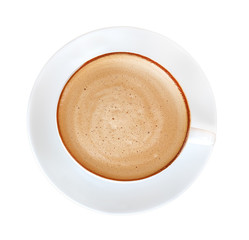 Top view of hot coffee cappuccino isolated on white background, clipping path included