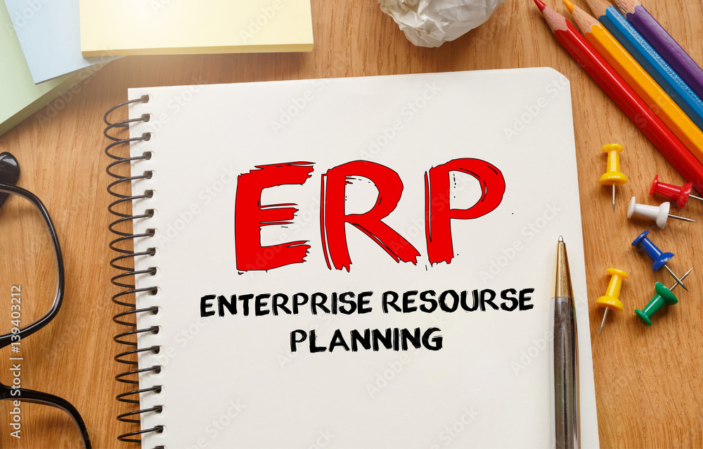 Poster notebook with toolls and notes about erp,concept