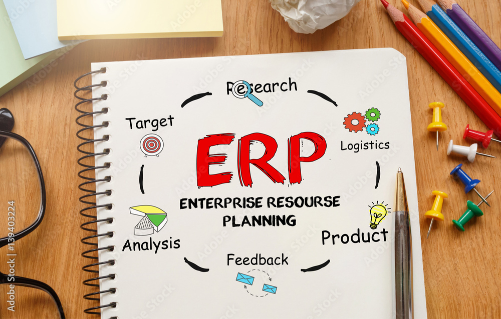 Poster notebook with toolls and notes about erp,concept