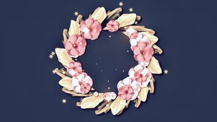 3d rendering picture of floral wreath. Beautiful flowers, green leaves and sparkling lights. Use it to decorate your project, add your logo or holidays greeting messages.
