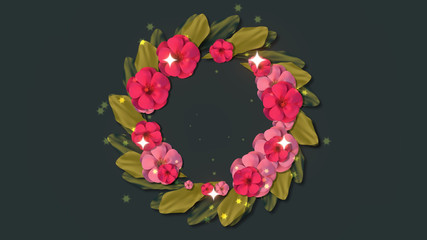 3d rendering picture of floral wreath. Beautiful flowers, green leaves and sparkling lights. Use it to decorate your project, add your logo or holidays greeting messages.