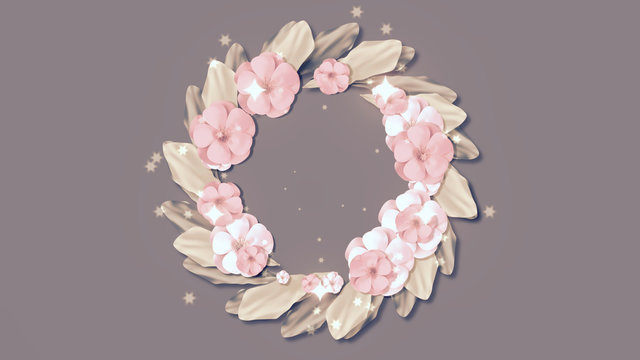 3d rendering picture of floral wreath. Beautiful flowers, green leaves and sparkling lights. Use it to decorate your project, add your logo or holidays greeting messages. Vintage photo filter effect.
