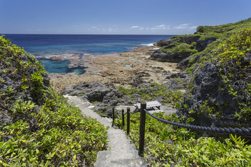 Walkway and guide rope down to Hikatuvale reef flats and tidal pools, Niue, South Pacific