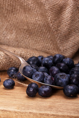 Blueberries and spoon on a rustic background
