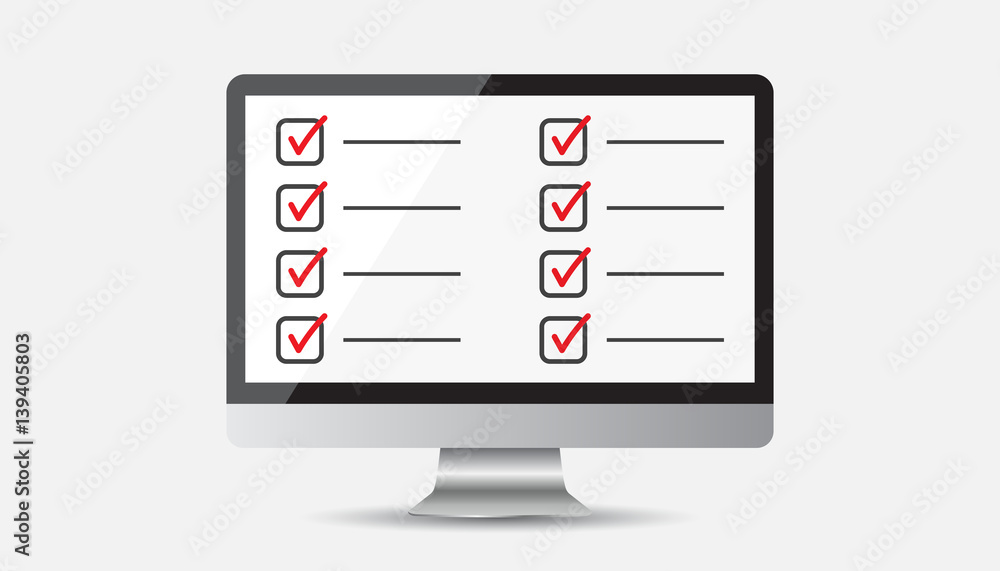 Poster businessman checklist with computer. check list icon flat vector illustration.
