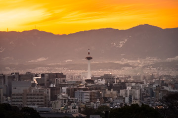 Kyoto City at golden hour with Kyoto Tower in the middle of a frame, Kyoto, Japan
