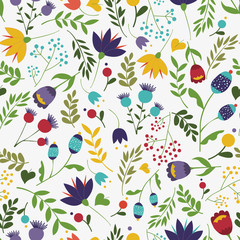 Colorful Flower print on white background. Seamless vector pattern. Perfect background greeting cards and invitations to the wedding, birthday and other seasonal holidays.