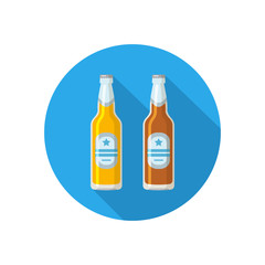 Two beer bottles of different colors on a colorful background.