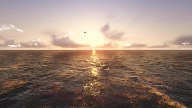 The helicopter flies over the calm sea at sunset - 3D render
