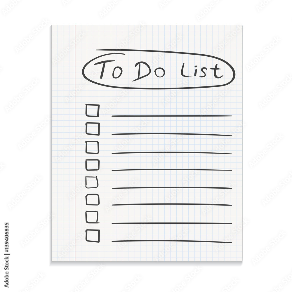 Poster realistic paper note. to do list icon with hand drawn text. school business diary. office stationery