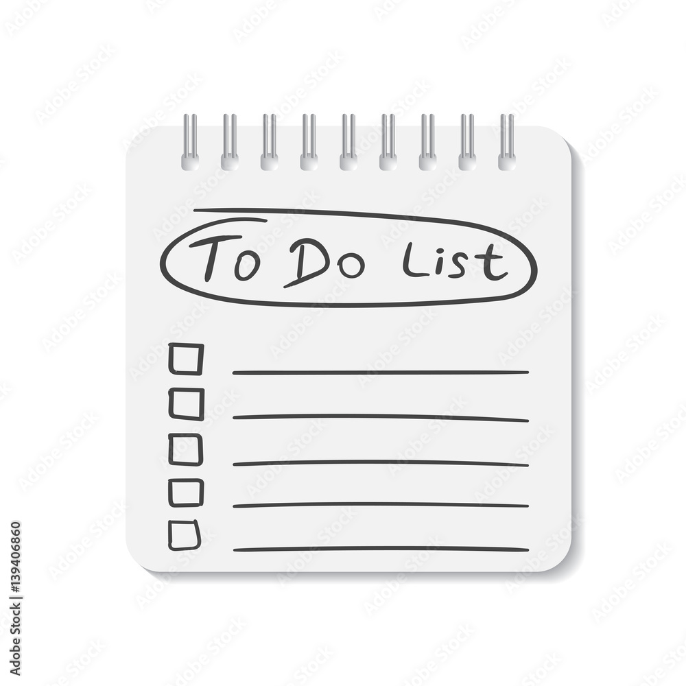 Poster realistic notepad with spiral. to do list icon with hand drawn text. school business diary. office s