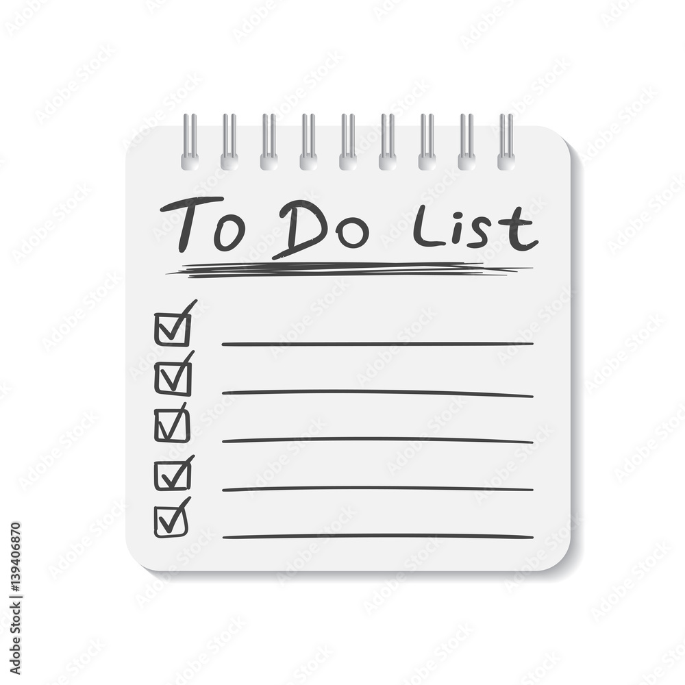 Poster realistic notepad with spiral. to do list icon with hand drawn text. school business diary. office s