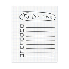 Realistic paper note. To do list icon with hand drawn text. School business diary. Office stationery notebook on isolated background