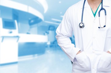 smart doctor with a stethoscope on the hospital blurred blue background.