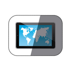 sticker color silhouette tablet in horizontal position and world map wallpaper vector illustration