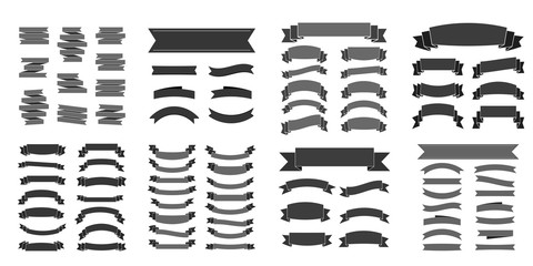 Black ribbon banners set. Beautiful blank decoration graphic. Old vintage style Flat design. Premium decorative elements isolated white background. Template collection labels Vector illustration