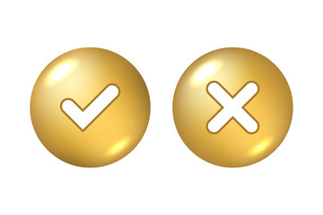 Tick and cross gold metallic sign element. Golden checkmark OK, X icon on white background. Check marks graphic design. YES and NO button for vote, decision, choice, web Vector illustration