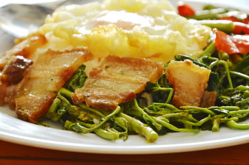 stir fried water mimosa with crispy pork topping egg on rice