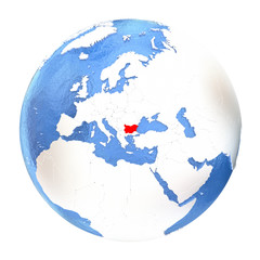 Bulgaria on globe isolated on white