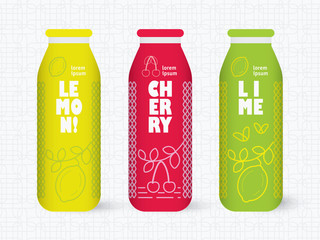 Bottle of juice, sugar water, tea or cocktail with drawing lemon, lime and cherry. Retro texture on the background. Concept design for juice or cocktail.