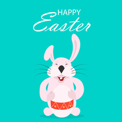 Colorful Happy Easter greeting card with rabbit, bunny, eggs and banners