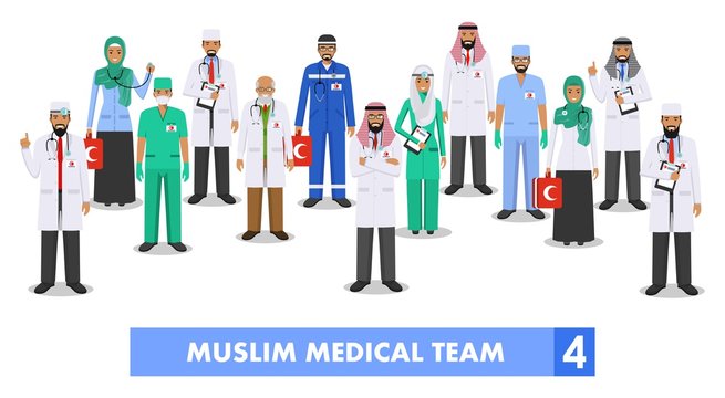 Medical concept. Detailed illustration of muslim arabian doctor and nurses in flat style isolated on white background. Practitioner arabic doctors man and woman standing. Vector illustration.