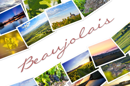 Heap of Beaujolais travel photos with a white background