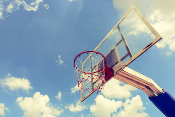 Basketball hoop with a blue sky.