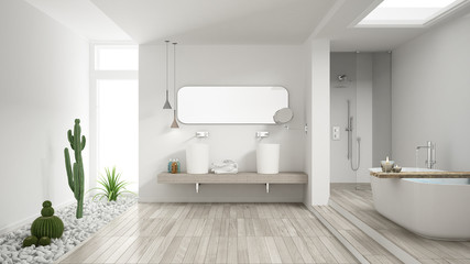 Minimalist white bathroom with succulent garden, wooden floor and pebbles, hotel, spa, modern interior design