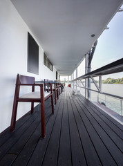 outdoor river restaurant on boat . beautiful patio
