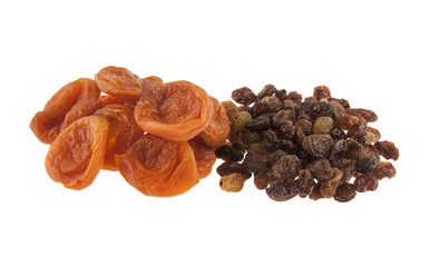raisins and dried apricots isolated on white background
