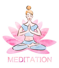 Meditation poster, pretty young girl practicing lotus pose in a giant lotus flower, watercolor technique