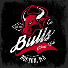 Vintage American furious bull bikers club tee print vector design isolated on dark background. Premium quality wild animal superior logo concept illustration.