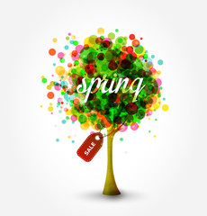 Spring Sale Banner, with blooming tree. Vector illustration.