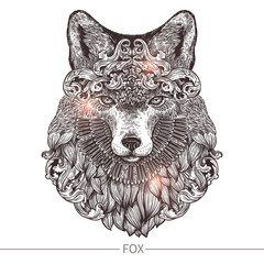 Ornamental Tattoo Fox Head. Highly Detailed Abstract Hand Drawn Style