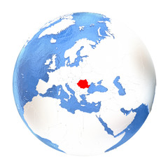 Romania on globe isolated on white