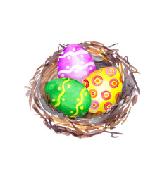 Easter nest with eggs. Watercolor